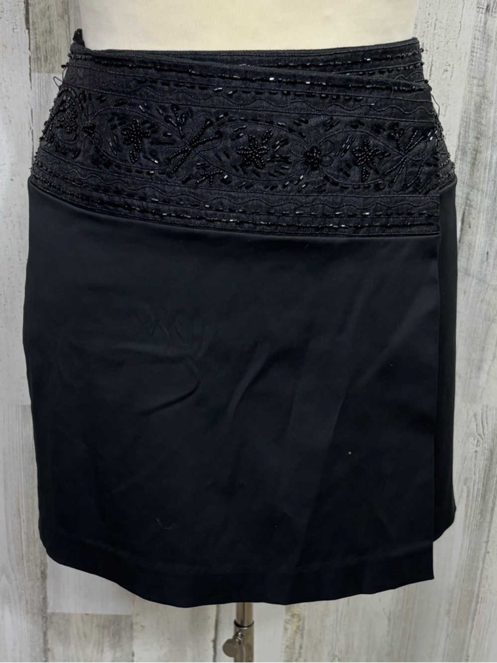 Express Vintage Satin Black Embellished Waistband Wrap Mini Skirt